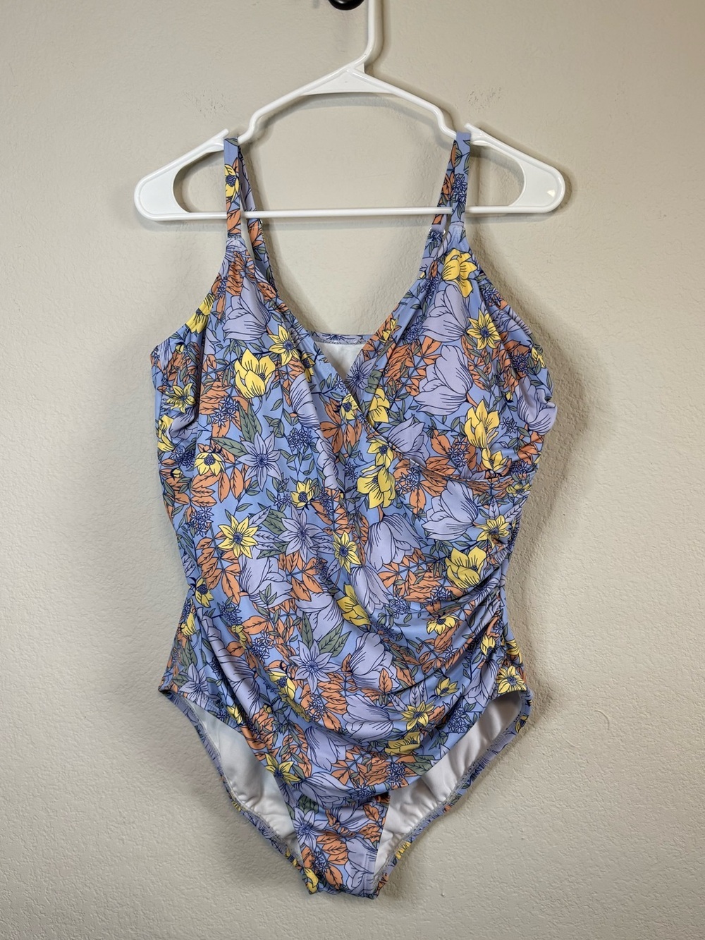 Freely Blue Floral Ruched One Piece Full Coverage Bathing Suit Swim Size 1X